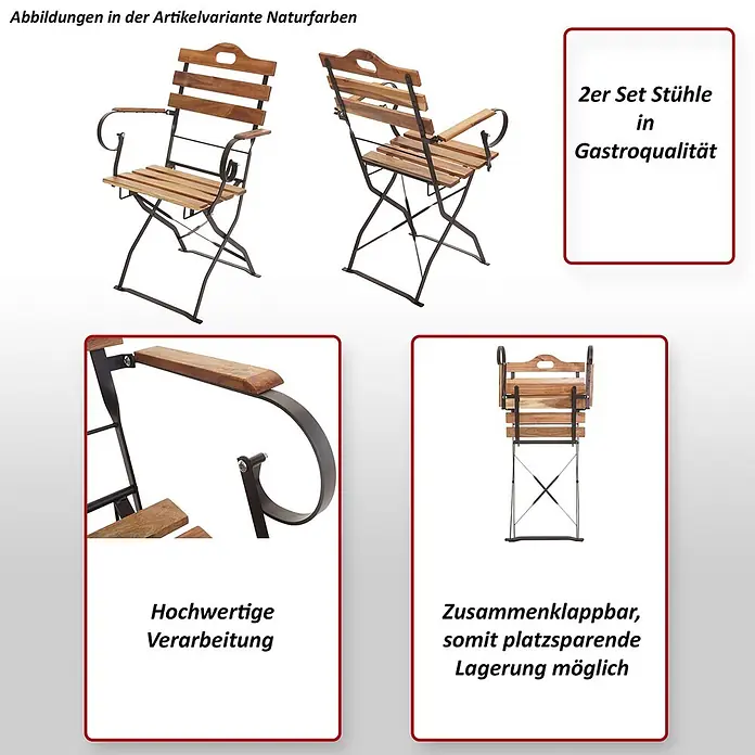 Mendler 2er-Set Biergartenstuhl HWC-J40 Akazie - braun -  - Zwei klappbare Gartenstühle aus Holz und Metall in Naturfarben, gastrotauglich.