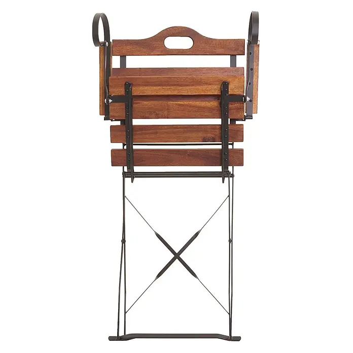 Mendler 2er-Set Biergartenstuhl HWC-J40 Akazie - braun -  - Geklappter Bistro-Stuhl aus braunen Holzlatten und schwarzem Metallrahmen, von hinten mit X-förmiger Stütze.