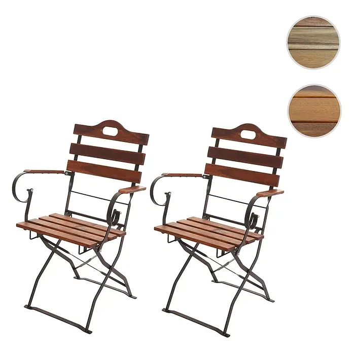 Mendler 2er-Set Biergartenstuhl HWC-J40 Akazie - braun -  - Zwei dunkelbraune Klappstühle aus Holz mit dunklen Metallrahmen, geeignet für Terrasse oder Garten.