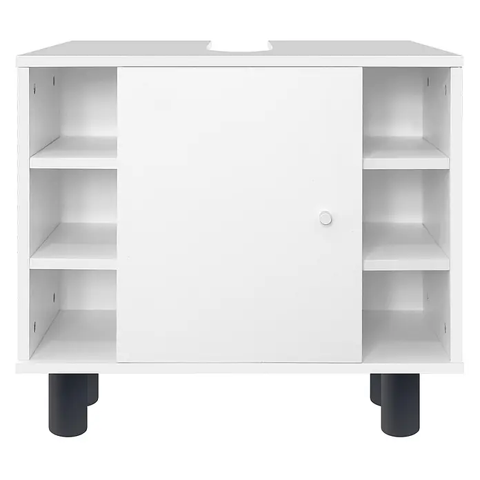 ML-Design Badmöbel-Set Badezimmerschrank mit Tür und 6 Ablagen Badschrank Waschtisch - Weiß - Weißer Badunterschrank mit Schiebetür, offenen Seitenregalen und einer oberen Aussparung für ein Waschbecken, gestützt von dunklen Beinen.