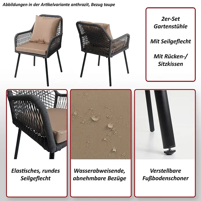 Mendler 2x Gartenstuhl HWC-O12 Rückenpolster - anthrazit, Bezug Taupe -  - Zwei anthrazitfarbene Gartenstühle mit taupefarbenen Kissen und Seilgeflecht.