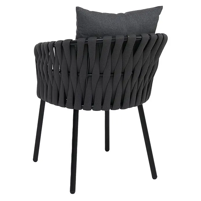 Mendler Gartenstuhl-Set HWC-P89 - 2 Stk., Metall, Anthrazit, B x T x H: 56 x 57 x 71 cm - Dunkelgrauer Outdoor-Stuhl mit geflochtener Rückenlehne, schwarzen Metallbeinen und passendem Kissen.