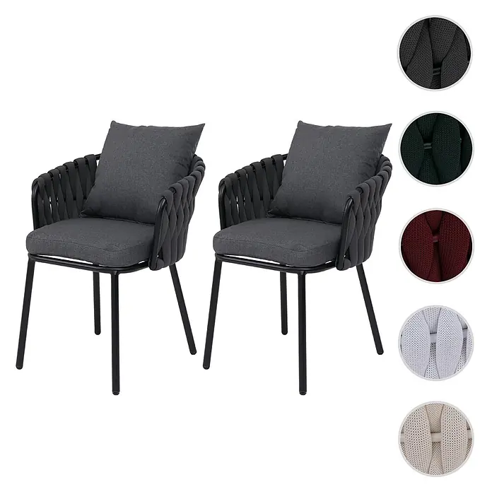 Mendler Gartenstuhl-Set HWC-P89 - 2 Stk., Metall, Anthrazit, B x T x H: 56 x 57 x 71 cm - Zwei dunkelgraue Stühle mit schwarzen Metallgestellen und dunkelgrauen geflochtenen Armlehnen, mit passenden Kissen.