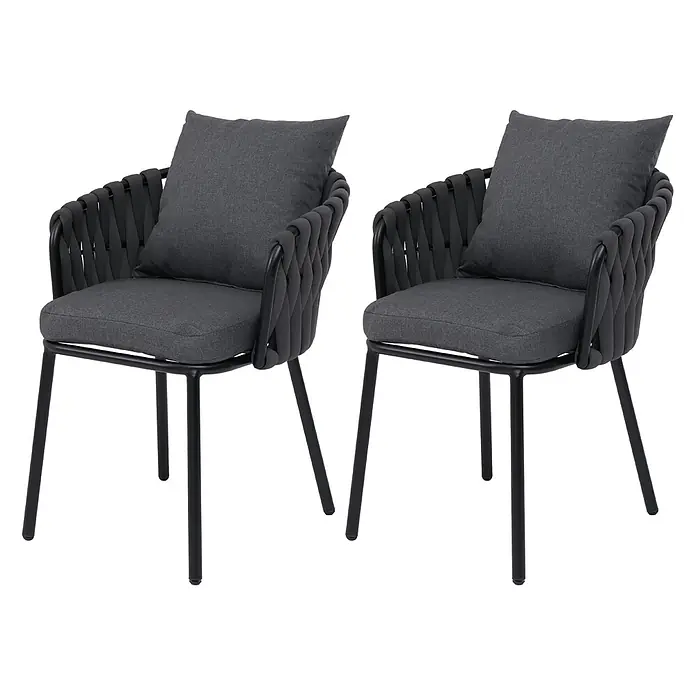 Mendler Gartenstuhl-Set HWC-P89 - 2 Stk., Metall, Anthrazit, B x T x H: 56 x 57 x 71 cm - Zwei dunkelgraue Outdoor-Esszimmerstühle mit schwarzen Rahmen und geflochtenen Seildetails.