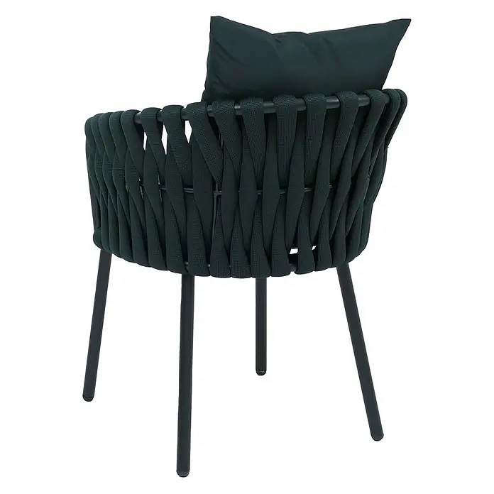 Mendler Gartenstuhl-Set HWC-P89 - 2 Stk., Metall, Grün, B x T x H: 56 x 57 x 71 cm - Dunkelgrüner geflochtener Stuhl mit dunklem Metallgestell und Beinen, inklusive passendem Rückenkissen.
