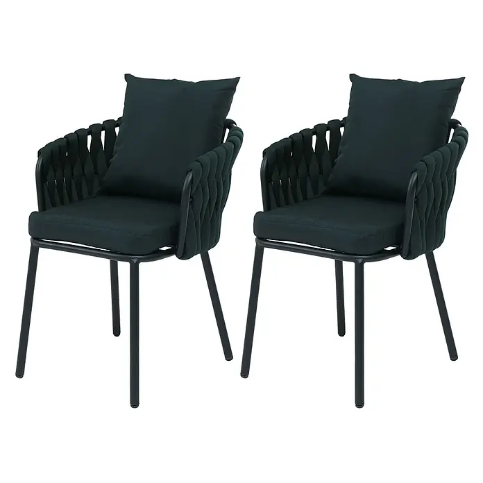 Mendler Gartenstuhl-Set HWC-P89 - 2 Stk., Metall, Grün, B x T x H: 56 x 57 x 71 cm - Zwei dunkelgrüne Outdoor-Esszimmerstühle mit geflochtenen Armlehnen und schwarzen Metallgestellen, inklusive Sitz- und Rückenkissen.