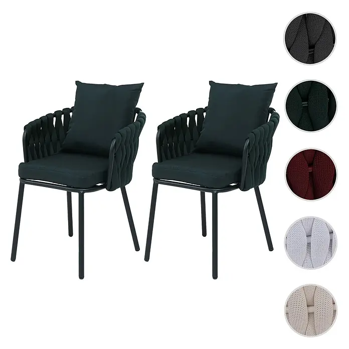 Mendler Gartenstuhl-Set HWC-P89 - 2 Stk., Metall, Grün, B x T x H: 56 x 57 x 71 cm - Zwei dunkelgrüne Outdoor-Stühle mit geflochtenen Rückenlehnen und Kissen. Erhältlich in mehreren Geflechtfarben.
