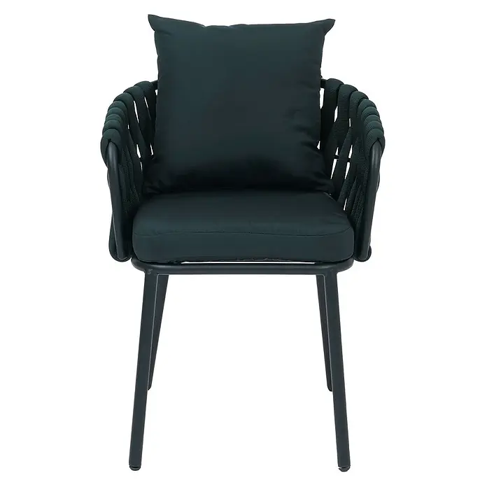 Mendler Gartenstuhl-Set HWC-P89 - 2 Stk., Metall, Grün, B x T x H: 56 x 57 x 71 cm - Dunkelgrüner Sessel mit Metallgestell, geflochtenen Seilarmlehnen und passenden Sitz- und Rückenkissen.
