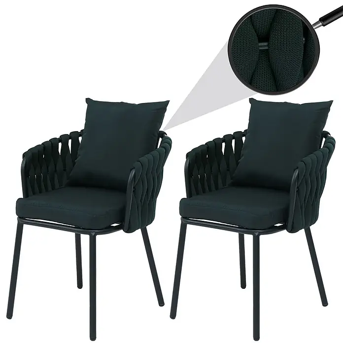Mendler Gartenstuhl-Set HWC-P89 - 2 Stk., Metall, Grün, B x T x H: 56 x 57 x 71 cm - Zwei dunkelgrüne Stühle mit schwarzem Metallgestell, geflochtenen Seilarmlehnen und -rücken sowie bequemen dunkelgrünen Sitz- und Rückenkissen.
