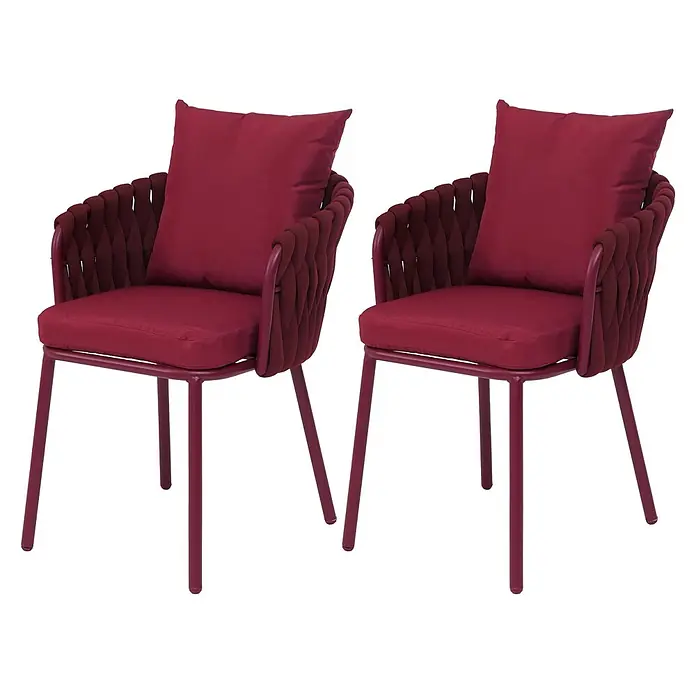 Mendler Gartenstuhl-Set HWC-P89 - 2 Stk., Metall, Bordeaux, B x T x H: 56 x 57 x 71 cm - Zwei rote Stühle mit Metallrahmen, geflochtenen Arm- und Rückenlehnen und Stoffkissen.