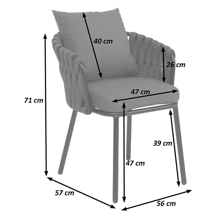 Mendler Gartenstuhl-Set HWC-P89 - 2 Stk., Metall, Bordeaux, B x T x H: 56 x 57 x 71 cm - Grauer Sessel mit Stoffkissen und Maßen.