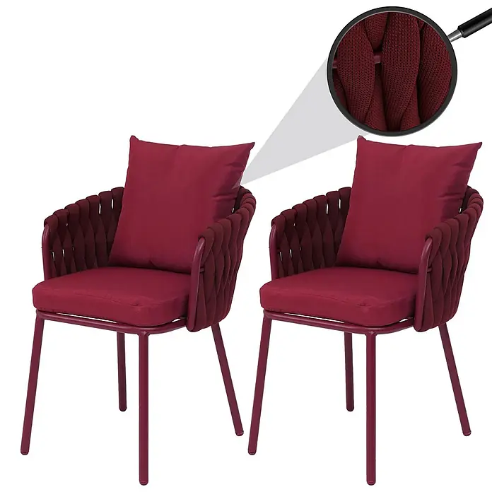 Mendler Gartenstuhl-Set HWC-P89 - 2 Stk., Metall, Bordeaux, B x T x H: 56 x 57 x 71 cm - Zwei rote Sessel mit geflochtenen Rücken- und Armlehnen, roten Kissen und Metallbeinen. Vergrößerte Ansicht der geflochtenen Seiltextur.