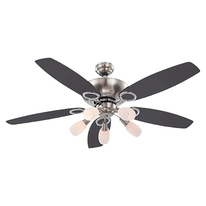 Globo Ventilador de techo Jerry - Níquel mate, Opal, Haya/grafito, 130 cm, 40 W - Elegante ventilador de techo con cinco luces y palas negras y plateadas, que añade un toque de estilo a cualquier habitación.