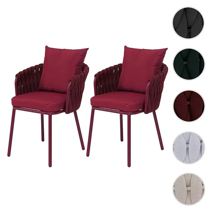 Mendler Gartenstuhl-Set HWC-P89 - 2 Stk., Metall, Bordeaux, B x T x H: 56 x 57 x 71 cm - Zwei rote Outdoor-Stühle mit geflochtenen Seilrückenlehnen und roten Kissen.