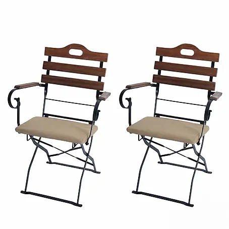 Mendler 2er-Set Biergartenstuhl HWC-J40 - hellbraun, Polster Sandfarben