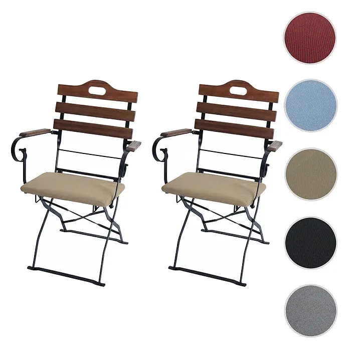 Mendler 2er-Set Biergartenstuhl HWC-J40 - hellbraun, Polster Sandfarben -  - Zwei klappbare Gartenstühle mit dunklen Holzlatten, schwarzem Metallgestell und beigen Polstern. Farbmuster (rot, blau, schwarz, grau) sind ebenfalls abgebildet.