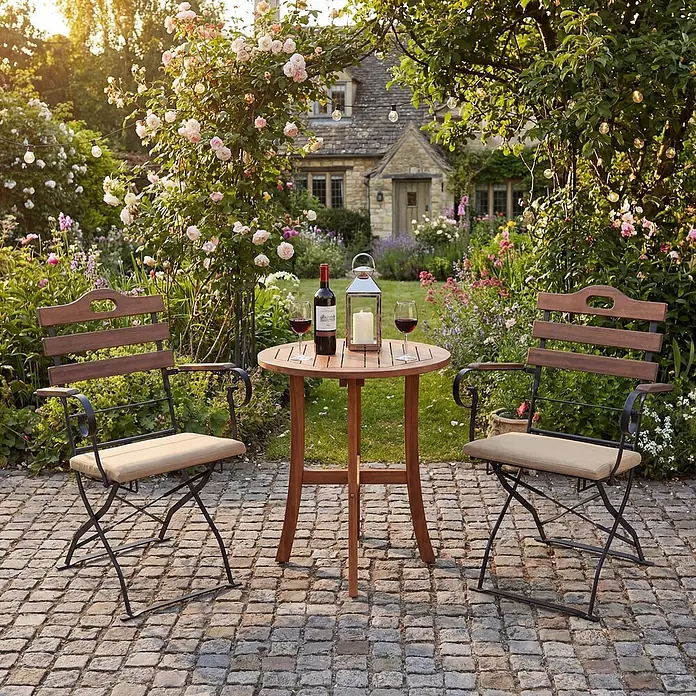 Mendler 2er-Set Biergartenstuhl HWC-J40 - hellbraun, Polster Sandfarben -  - Bistro-Set aus Holz und dunklem Metall mit zwei Stühlen und einem runden Tisch, ideal für Garten oder Terrasse.