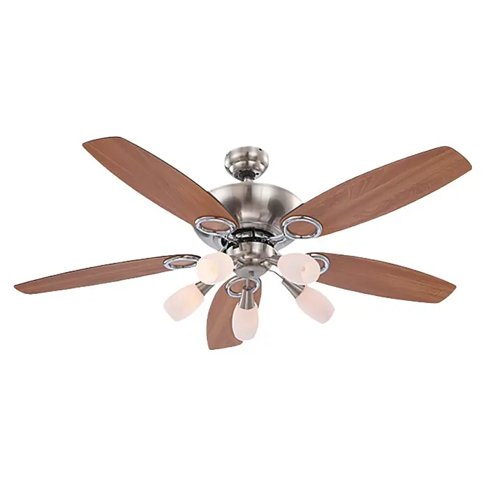 Globo Ventilador de techo Jerry - Níquel mate, Opal, Haya/grafito, 130 cm, 40 W - Ventilador de techo con cinco aspas y luces.