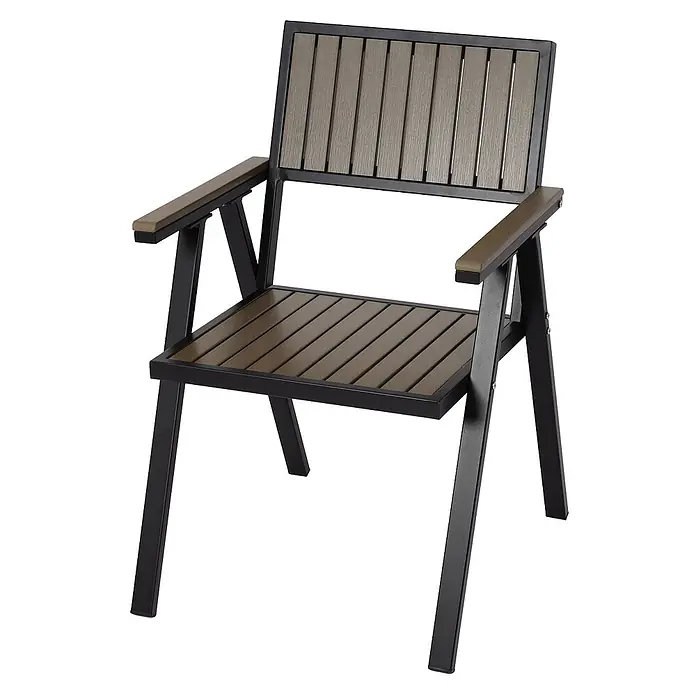 Mendler Gartenstuhl-Set HWC-J95 - 2 Stk., Metall, Grau, B x T x H: 57 x 53 x 87 cm - Schwarzer Metall- und brauner Lamellen-Outdoor-Stuhl mit Armlehnen.