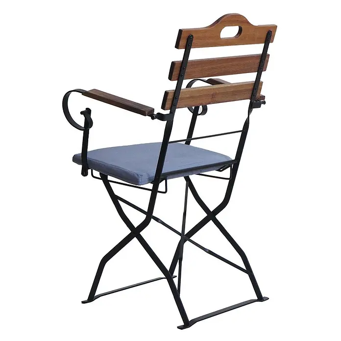 Mendler 2er-Set Biergartenstuhl HWC-J40 - hellbraun, Polster blau -  - Klappbarer Gartenstuhl aus schwarzem Metall und Holz mit grauer Auflage.