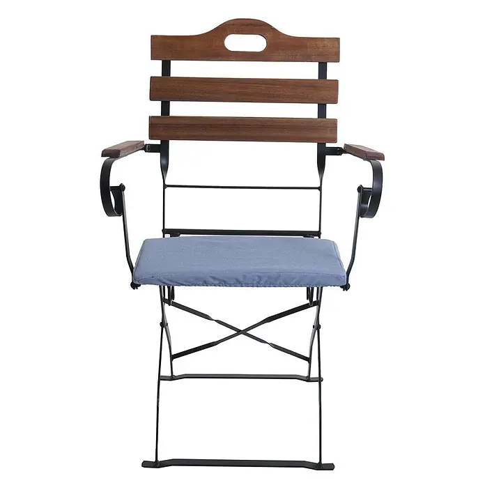 Mendler 2er-Set Biergartenstuhl HWC-J40 - hellbraun, Polster blau -  - Brauner Holz- und schwarzer Metall-Klappstuhl mit blauem Kissen.