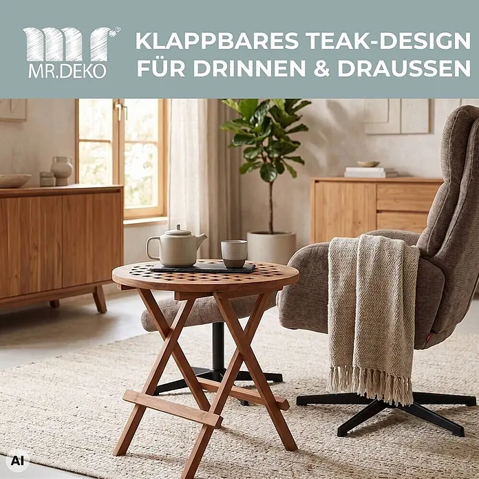 Beistelltisch Dorset Teak Rund -  - Klappbarer Teak-Beistelltisch in Naturholz, mit Teekanne und Tasse, perfekt für drinnen und draußen.