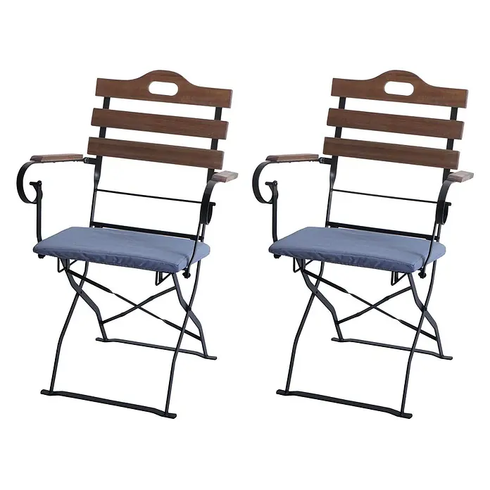 Mendler 2er-Set Biergartenstuhl HWC-J40 - hellbraun, Polster blau -  - Zwei Gartenstühle aus schwarzem Metall und Holz mit blauen Kissen.