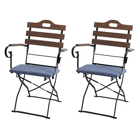 Mendler 2er-Set Biergartenstuhl HWC-J40 - hellbraun, Polster blau