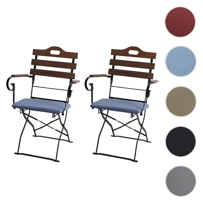 Mendler 2er-Set Biergartenstuhl HWC-J40 - hellbraun, Polster blau -  - Zwei braune Holz-Klappgartenstühle mit schwarzem Metallgestell und blauen Stoff-Sitzkissen, mit verschiedenen Kissenfarboptionen.