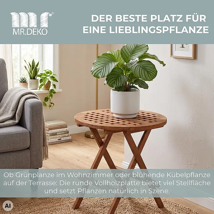 Beistelltisch Dorset Teak Rund -  - Ein runder Beistelltisch aus Holz mit gemusterter Platte, auf dem eine Topfpflanze steht. Ideal für Wohnzimmer oder Terrasse, um Pflanzen zu präsentieren.