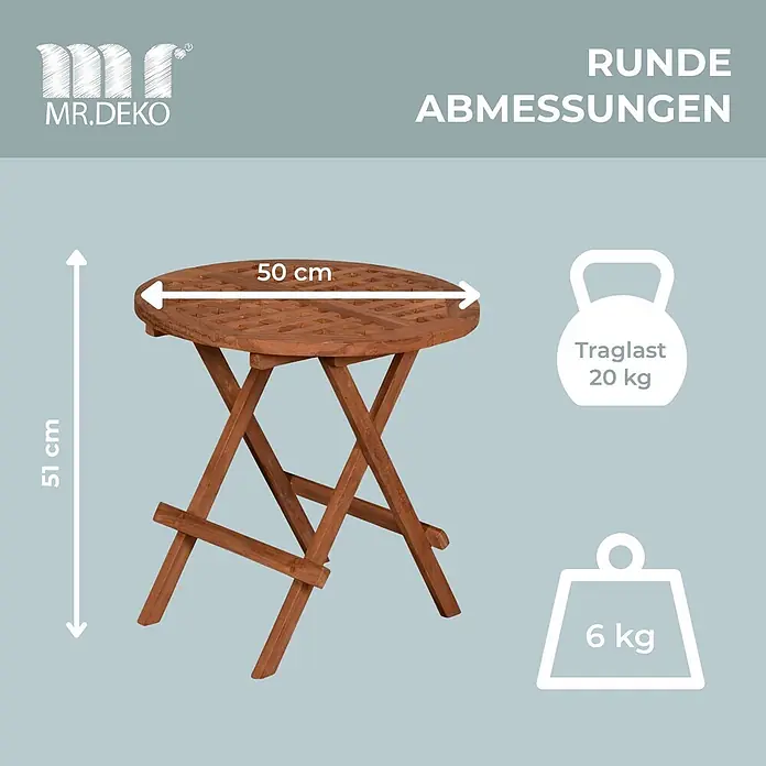 Beistelltisch Dorset Teak Rund -  - Rund, zusammenklappbarer Holztisch von MR.DEKO. 50 cm Durchmesser, 51 cm hoch, 6 kg Gewicht, 20 kg Traglast.