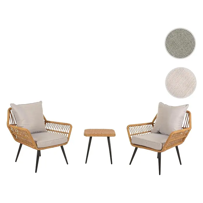 Mendler Poly-Rattan Garnitur HWC-N34 - hellgrau -  - Rattan-Gartenmöbel-Set mit zwei Stühlen und einem Tisch, mit naturfarbenen Rahmen und hellgrauen Kissen.