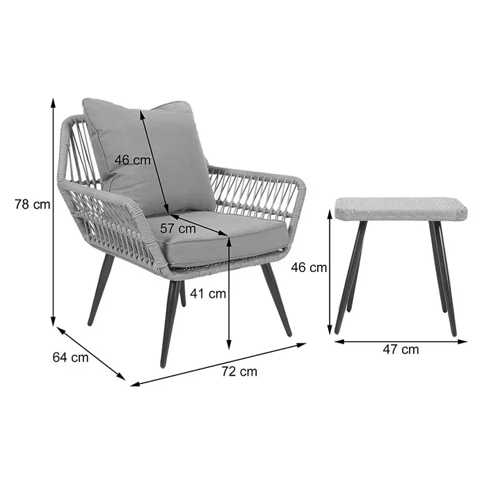Mendler Poly-Rattan Garnitur HWC-N34 - hellgrau -  - Grauer geflochtener Sessel mit Kissen und passendem Beistelltisch, Maße angegeben.