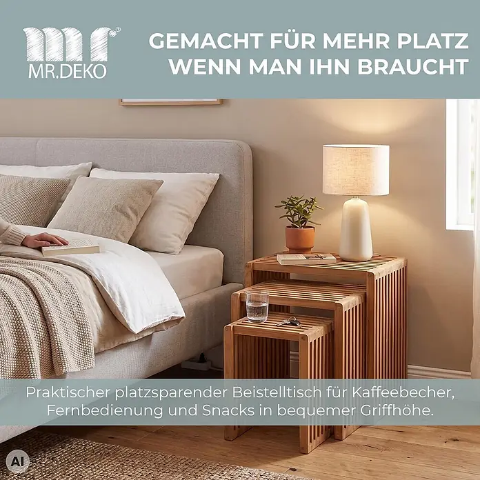 Beistelltische 3er Set Teak -  - Praktischer, platzsparender Beistelltisch aus Holz, ideal für Kaffee, Fernbedienung und Snacks in bequemer Griffhöhe neben dem Bett.