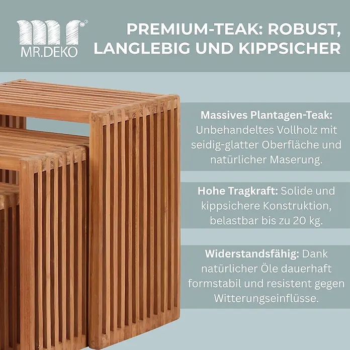 Beistelltische 3er Set Teak -  - Zwei ineinander passende Latten-Teakholztische in Naturholzoptik mit robustem, stapelbarem Design.