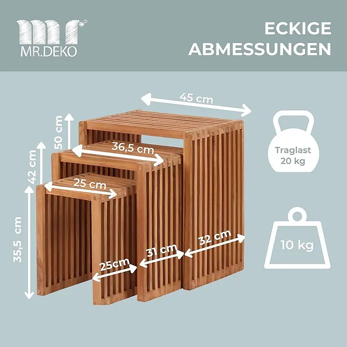 Beistelltische 3er Set Teak -  - Drei ineinander passende Beistelltische aus hellem Lattenholz.