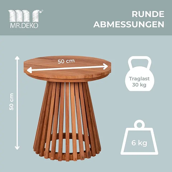 Beistelltisch Bolton Teak -  - Runder Beistelltisch aus Holz, 50x50 cm, mit Lamellen-Gestell. 6 kg, 30 kg Traglast.