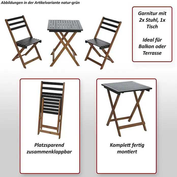 Mendler Garnitur HWC-P71 Akazie Holz klappbar - Natur-schwarz -  - Gartenmöbel-Set aus Naturholz und Dunkelgrün: zwei klappbare Stühle, ein Tisch. Platzsparend, vormontiert, ideal für Balkone.