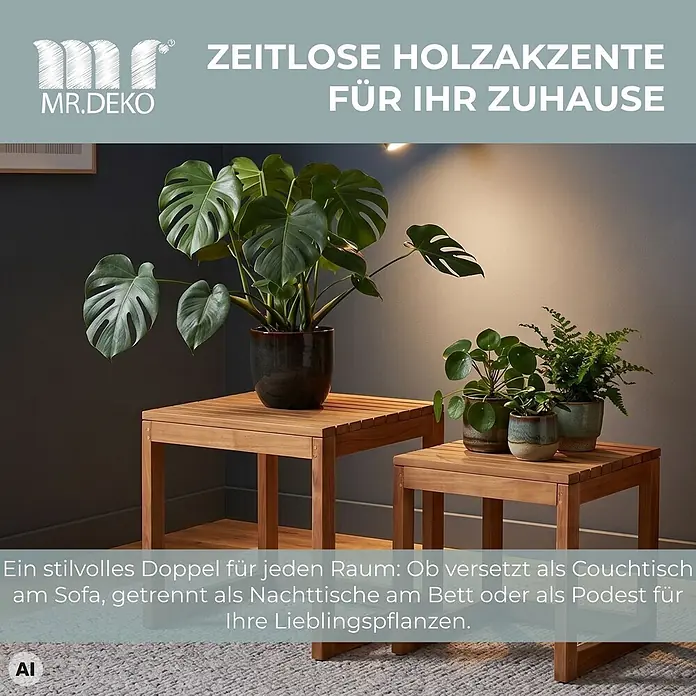Beistelltische Verwood 2er Set Teak -  - Zwei Holztische in Naturfarbe, ein großer, ein kleiner, dekorativ mit Zimmerpflanzen.