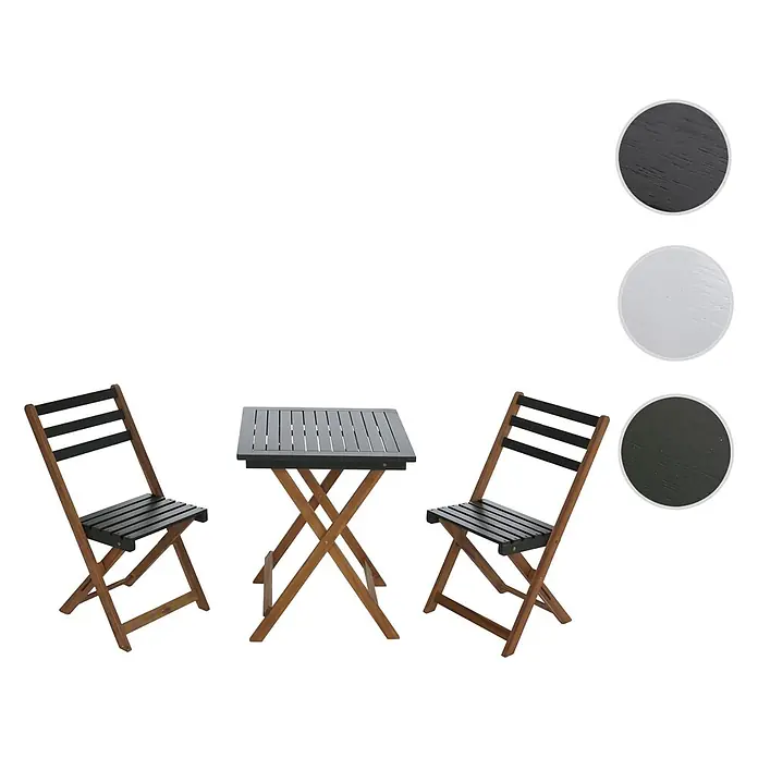 Mendler Garnitur HWC-P71 Akazie Holz klappbar - Natur-grün -  - Klappbares Bistro-Set mit dunklem Lattenrosttisch und zwei passenden Stühlen mit Naturholzrahmen. Inkl. Farbmuster.