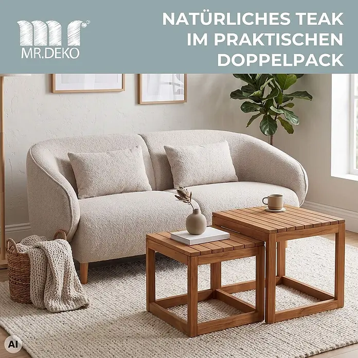 Beistelltische Verwood 2er Set Teak -  - Zwei natürliche Teakholz-Beistelltische, einer kleiner als der andere, im Wohnzimmer.