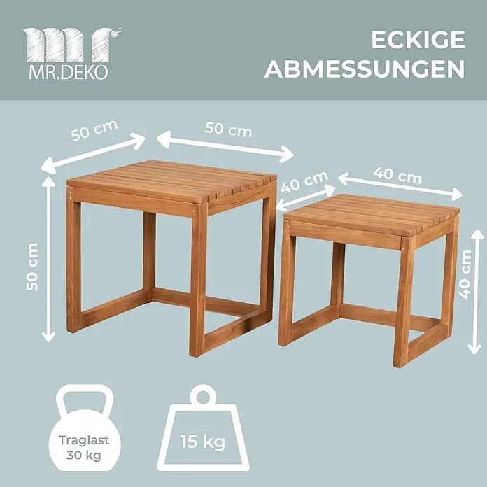 Beistelltische Verwood 2er Set Teak -  - Zwei quadratische Holztische, einer 50x50x50 cm und einer 40x40x40 cm, mit 30 kg Traglast.
