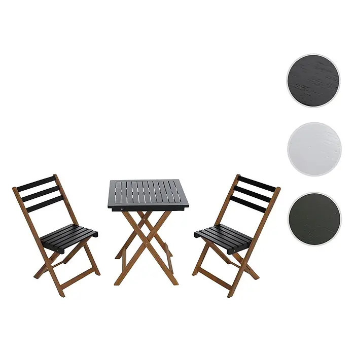 Mendler Garnitur HWC-P71 Akazie Holz klappbar - Natur-schwarz -  - Klappbares Bistro-Set aus Holz mit dunklem Lattenrosttisch und zwei Stühlen, mit naturfarbenen Holzrahmen.