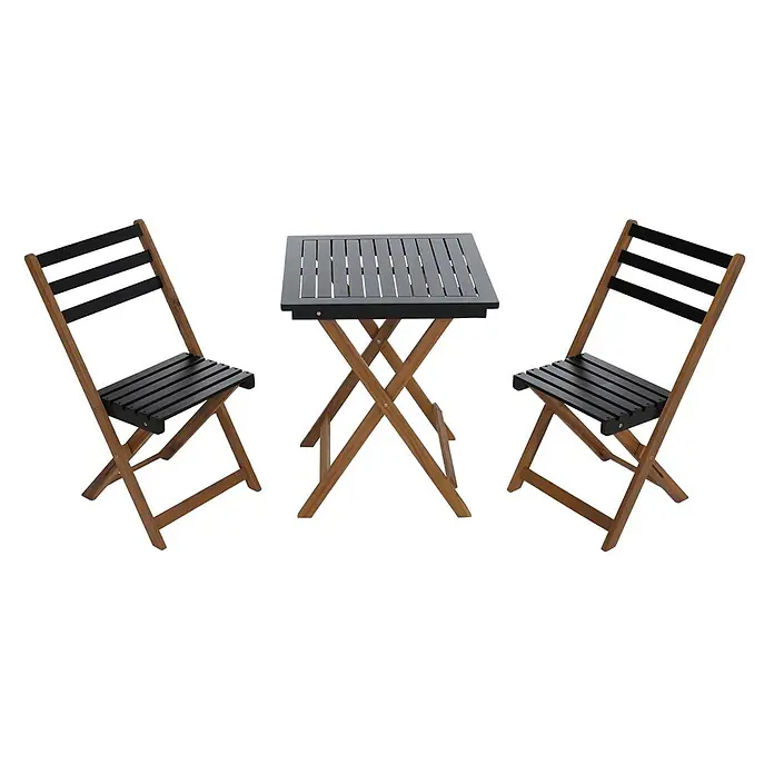 Mendler Garnitur HWC-P71 Akazie Holz klappbar - Natur-schwarz -  - Faltbares Bistrotisch-Set mit Naturholzrahmen und schwarzen Lattenplatten.