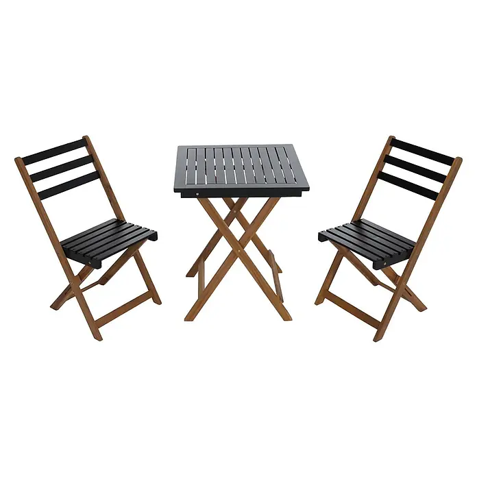 Mendler Garnitur HWC-P71 Akazie Holz klappbar - Natur-schwarz -  - Klappbares Holz-Bistro-Set mit braunem Gestell und schwarzem Latten-Tisch und -Stühlen.
