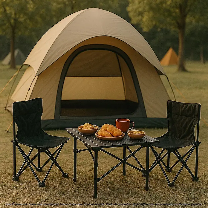Mendler Campingset HWC-N50 Metall - schwarz -  - Ein beiges Campingzelt steht auf einer Wiese, davor ein schwarzer Klapptisch und zwei Klappstühle. Auf dem Tisch stehen Snacks und eine Tasse.
