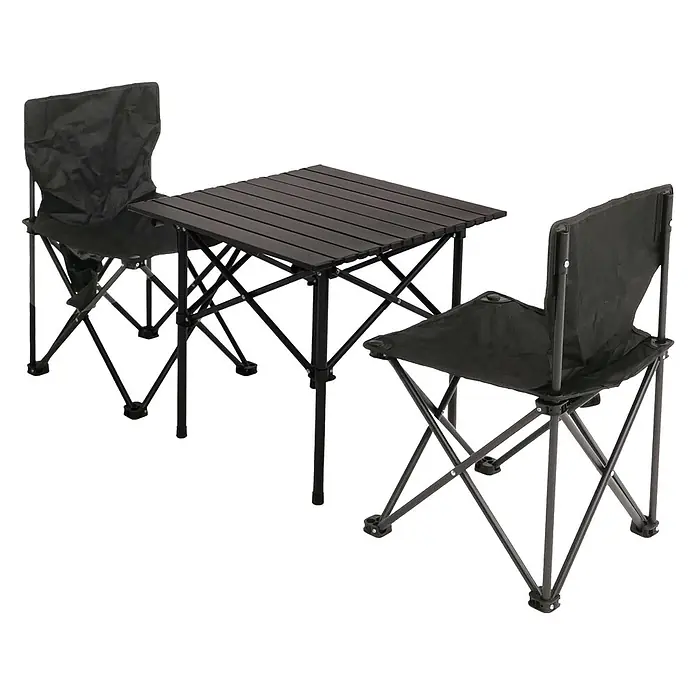 Mendler Campingset HWC-N50 Metall - schwarz -  - Schwarzer tragbarer Campingtisch mit Lamellenplatte und zwei passenden Klappstühlen.