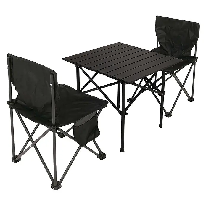 Mendler Campingset HWC-N50 Metall - schwarz -  - Schwarzer klappbarer Campingtisch mit Lamellenplatte und zwei passenden Klappstühlen, einer mit Seitentasche.