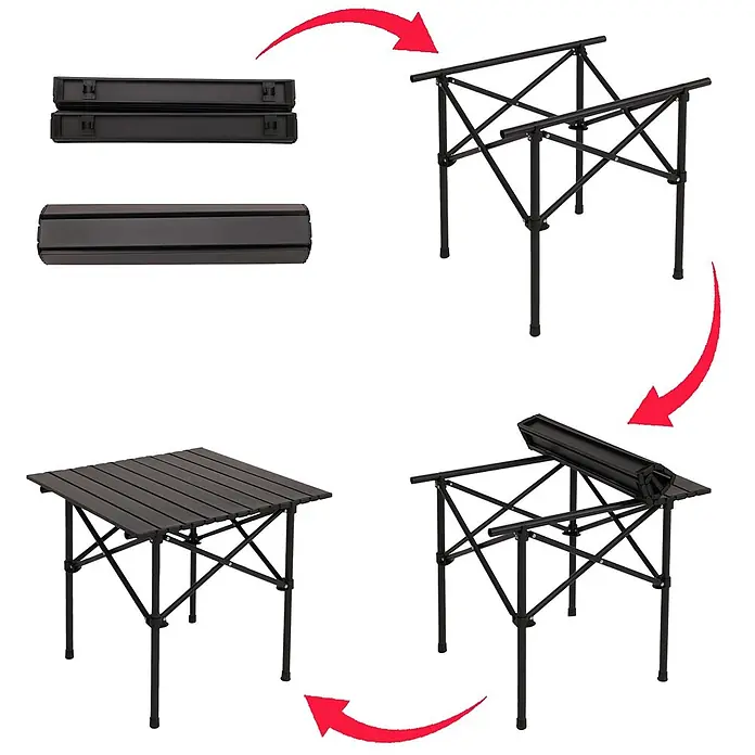 Mendler Campingset HWC-N50 Metall - schwarz -  - Schwarzer faltbarer Campingtisch mit klappbarem Gestell und rollbarer Lamellenplatte. Zeigt den Aufbauprozess.