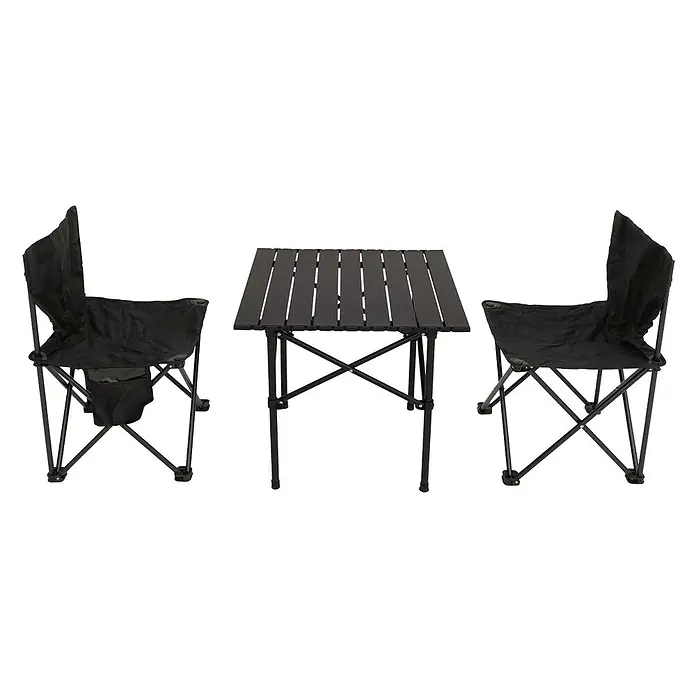 Mendler Campingset HWC-N50 Metall - schwarz -  - Tragbares schwarzes Camping-Set mit Latten-Tisch und zwei Klappstühlen, ideal für Outdoor-Aktivitäten.